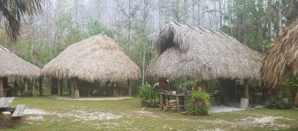 Several thatched huts surround an open space of grass and sand as part of the Seminole Village at the Ah-Tah-Thi-Ki Museum.