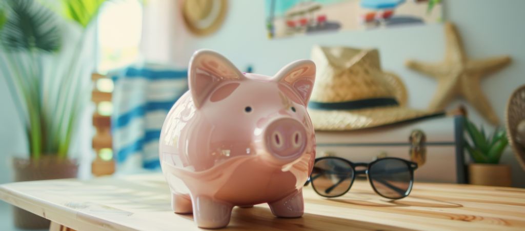 A glossy piggybank sits on a wooden table with sunglasses, a straw hat, palm plants, and beach items in the background.